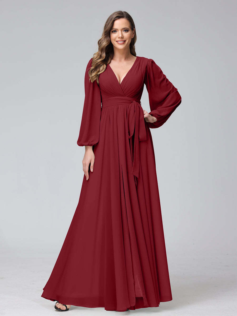 Chiffon Bridesmaid Dress with V-Neck, Long Sleeves, and Side Split