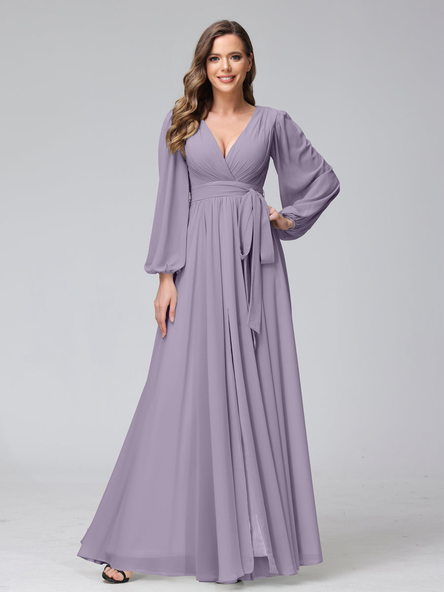 Chiffon Bridesmaid Dress with V-Neck, Long Sleeves, and Side Split