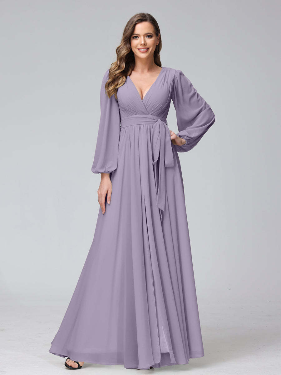 Chiffon Bridesmaid Dress with V-Neck, Long Sleeves, and Side Split
