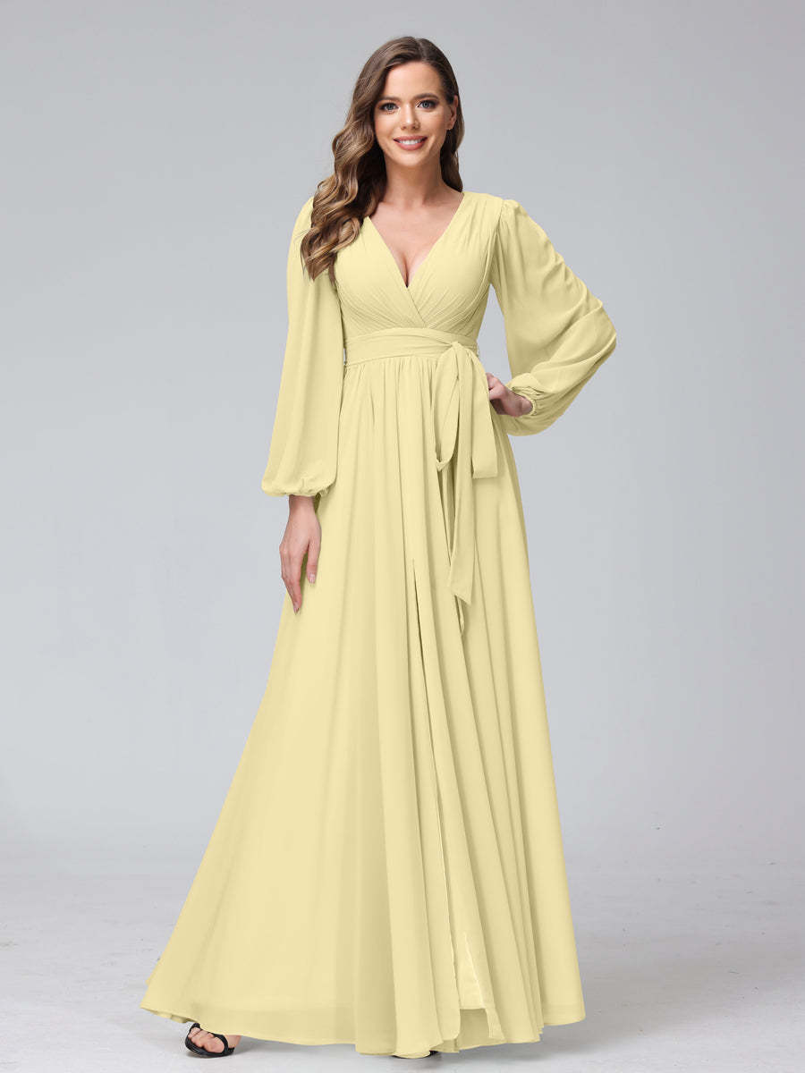 Chiffon Bridesmaid Dress with V-Neck, Long Sleeves, and Side Split