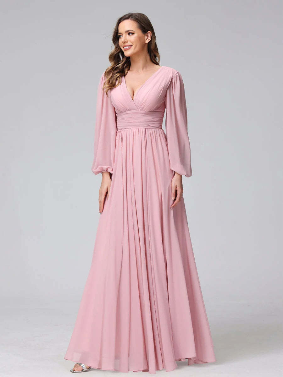 V-Neck A-Line Princess Floor-Length Bridesmaid Dresses With Side Split and Long Sleeves