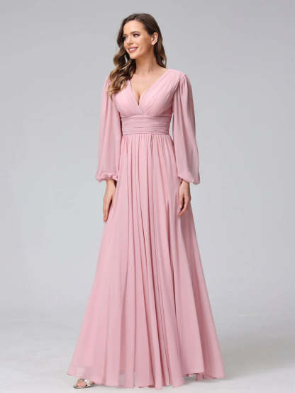 V-Neck A-Line Princess Floor-Length Bridesmaid Dresses With Side Split and Long Sleeves