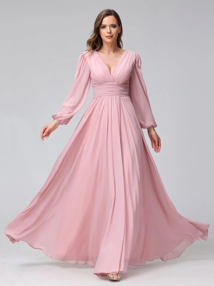 V-Neck A-Line Princess Floor-Length Bridesmaid Dresses With Side Split and Long Sleeves