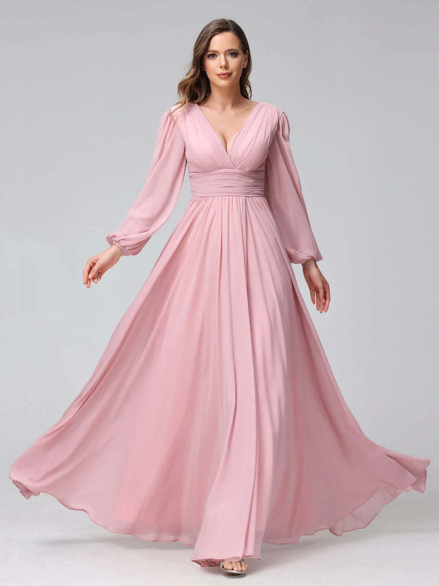 V-Neck A-Line Princess Floor-Length Bridesmaid Dresses With Side Split and Long Sleeves