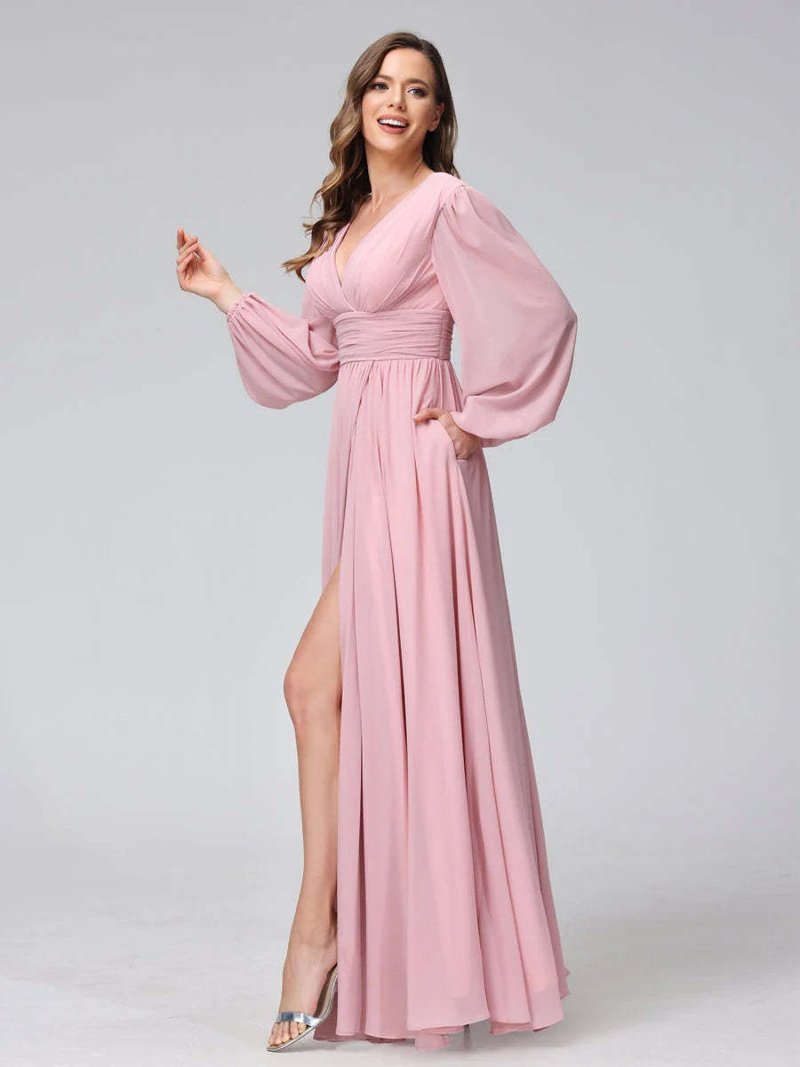 V-Neck A-Line Princess Floor-Length Bridesmaid Dresses With Side Split and Long Sleeves