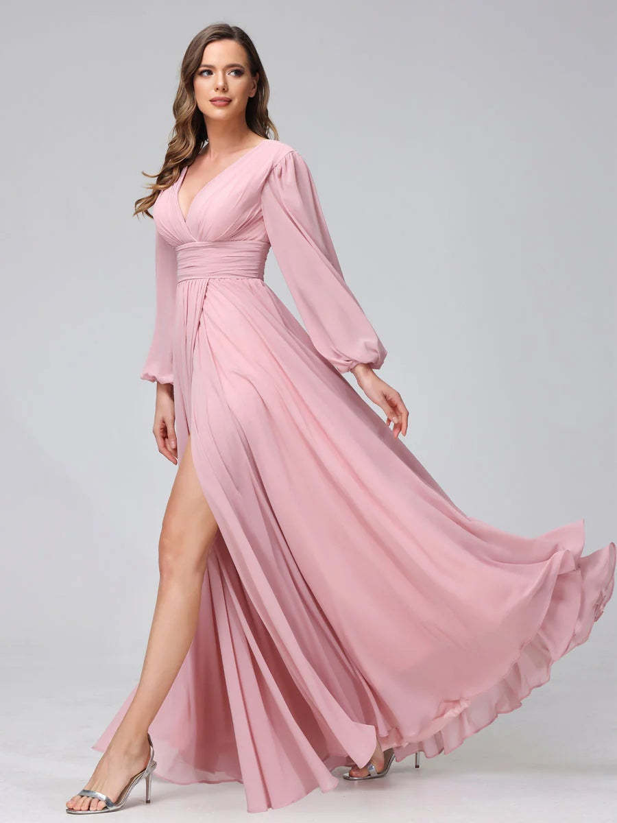V-Neck A-Line Princess Floor-Length Bridesmaid Dresses With Side Split and Long Sleeves