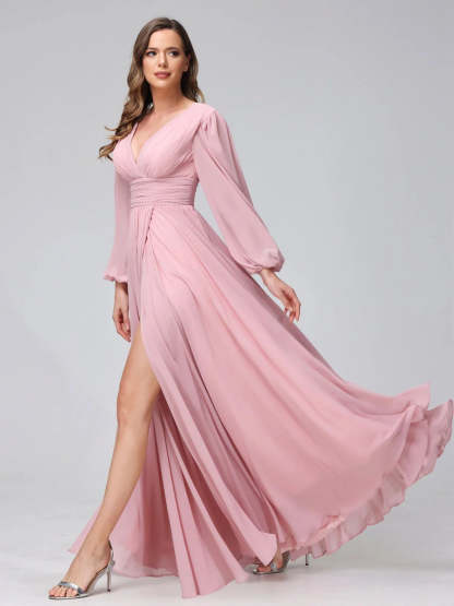 V-Neck A-Line Princess Floor-Length Bridesmaid Dresses With Side Split and Long Sleeves