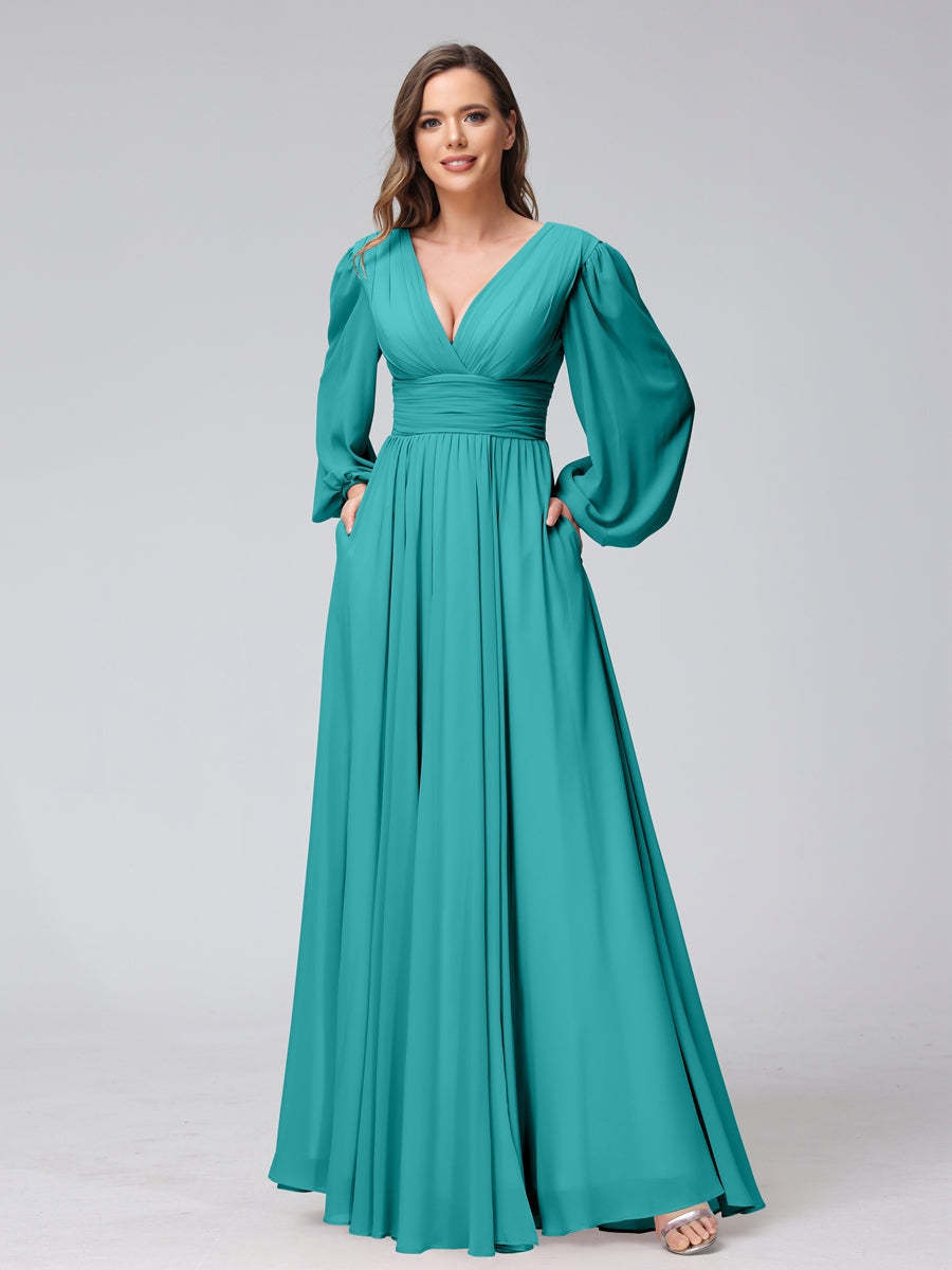 V-Neck A-Line Princess Floor-Length Bridesmaid Dresses With Side Split and Long Sleeves