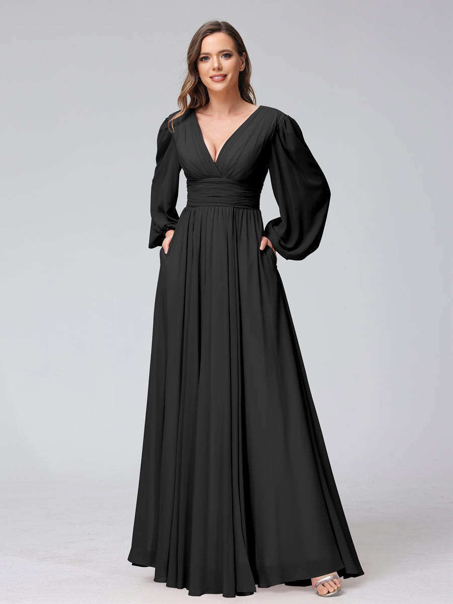 V-Neck A-Line Princess Floor-Length Bridesmaid Dresses With Side Split and Long Sleeves
