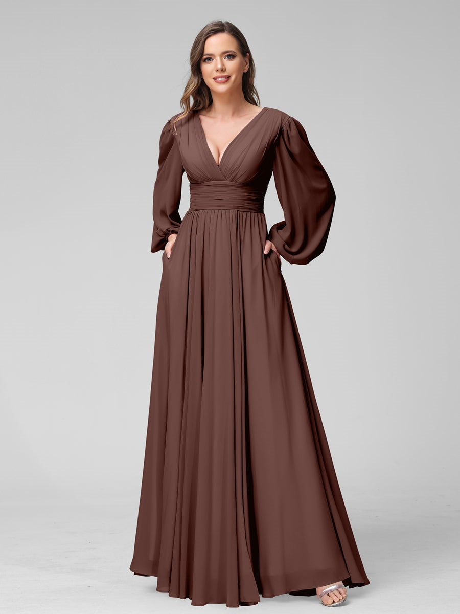 V-Neck A-Line Princess Floor-Length Bridesmaid Dresses With Side Split and Long Sleeves
