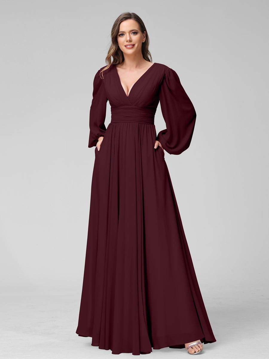 V-Neck A-Line Princess Floor-Length Bridesmaid Dresses With Side Split and Long Sleeves