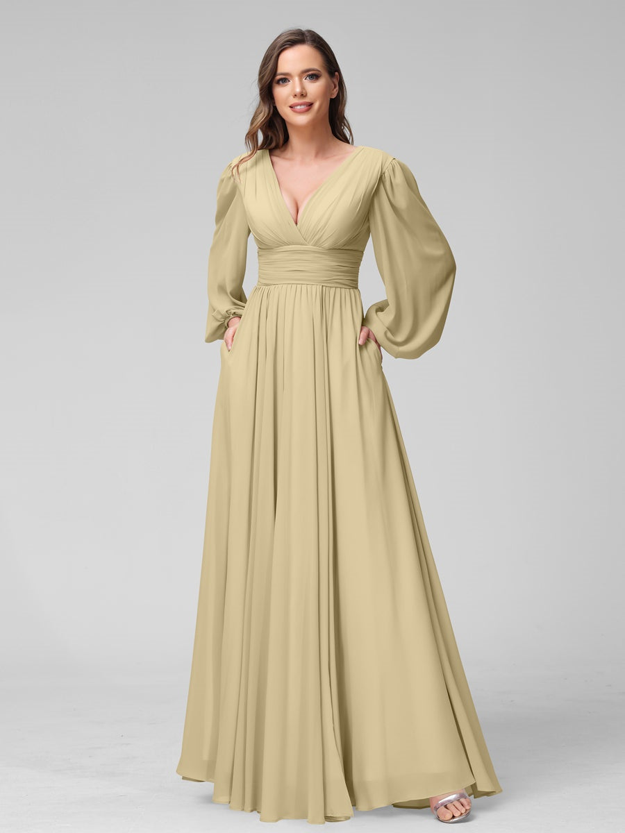 V-Neck A-Line Princess Floor-Length Bridesmaid Dresses With Side Split and Long Sleeves