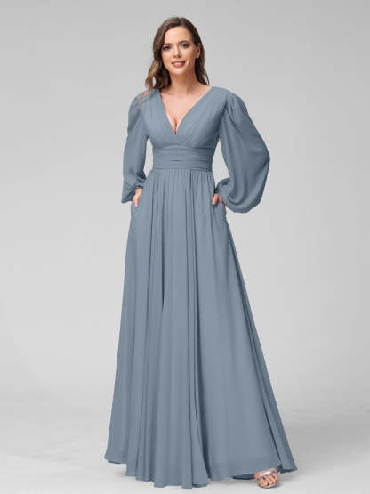 V-Neck A-Line Princess Floor-Length Bridesmaid Dresses With Side Split and Long Sleeves