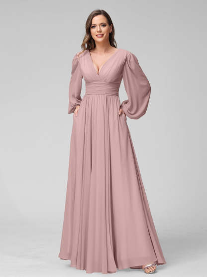 V-Neck A-Line Princess Floor-Length Bridesmaid Dresses With Side Split and Long Sleeves