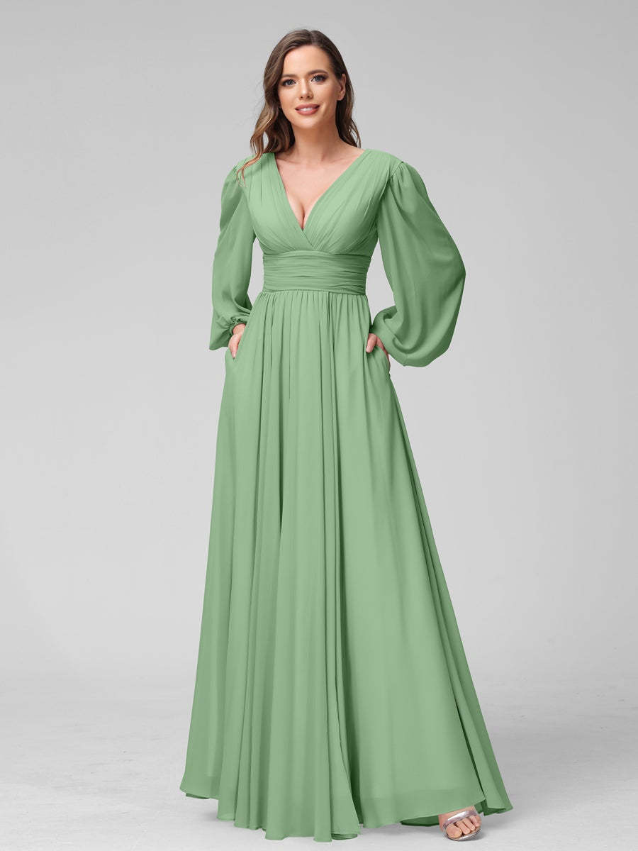 V-Neck A-Line Princess Floor-Length Bridesmaid Dresses With Side Split and Long Sleeves