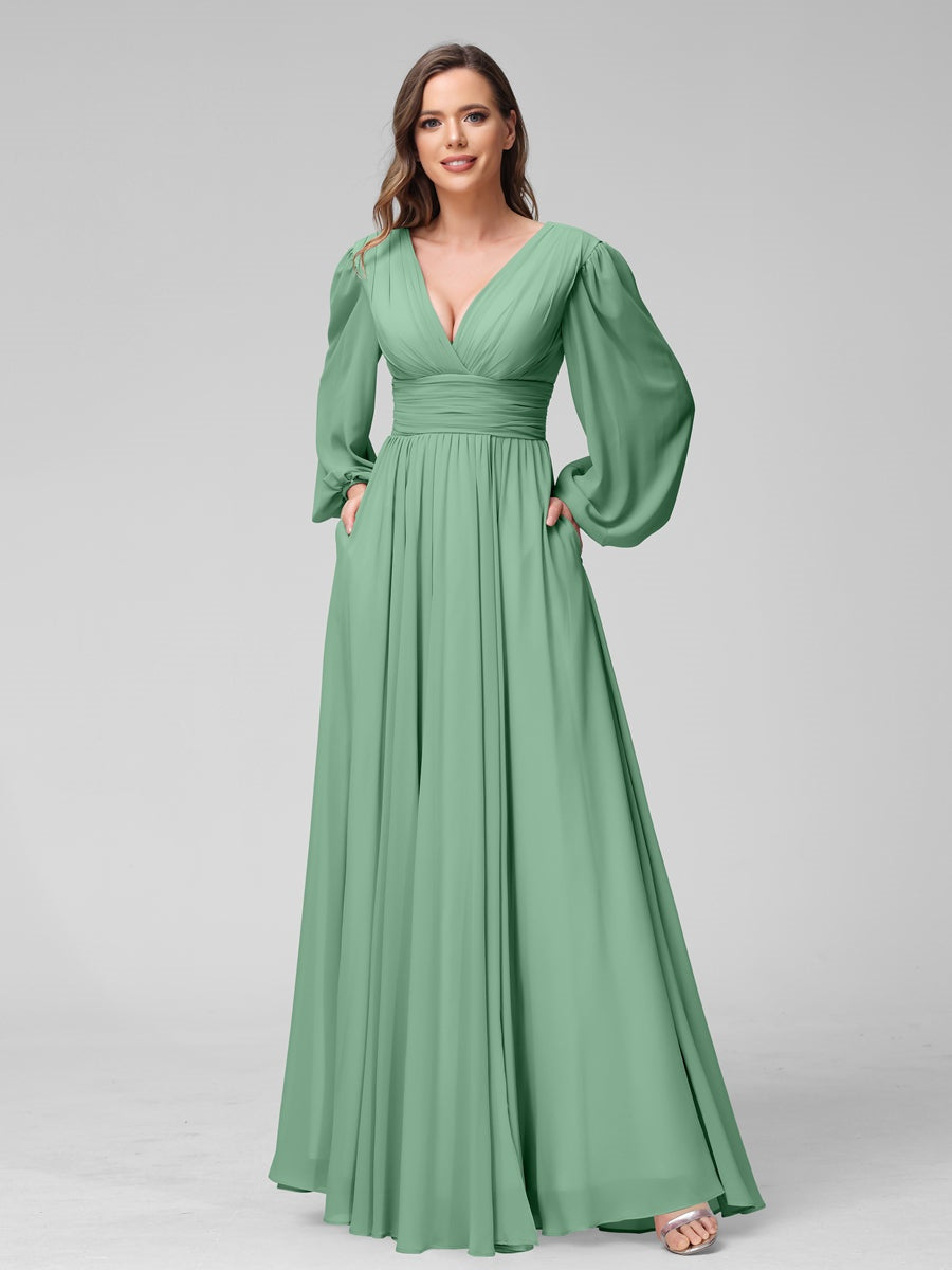 V-Neck A-Line Princess Floor-Length Bridesmaid Dresses With Side Split and Long Sleeves