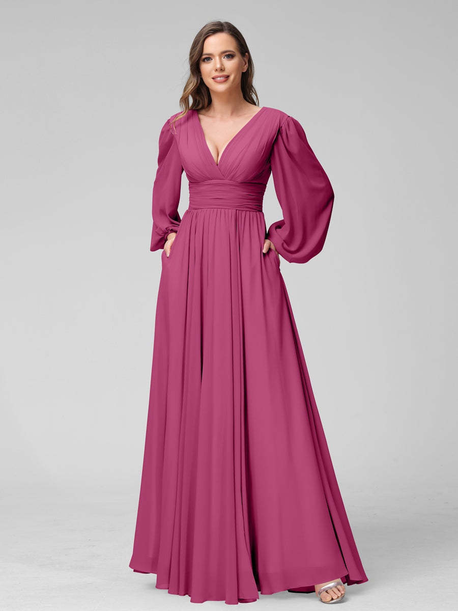 V-Neck A-Line Princess Floor-Length Bridesmaid Dresses With Side Split and Long Sleeves