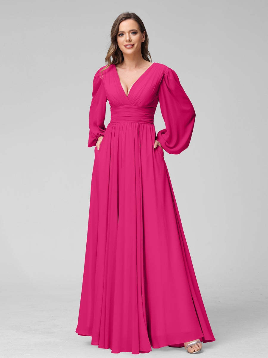 V-Neck A-Line Princess Floor-Length Bridesmaid Dresses With Side Split and Long Sleeves