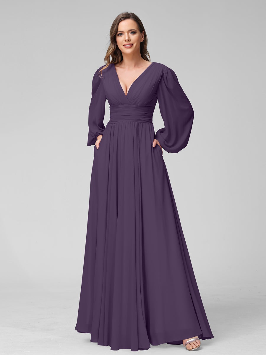 V-Neck A-Line Princess Floor-Length Bridesmaid Dresses With Side Split and Long Sleeves