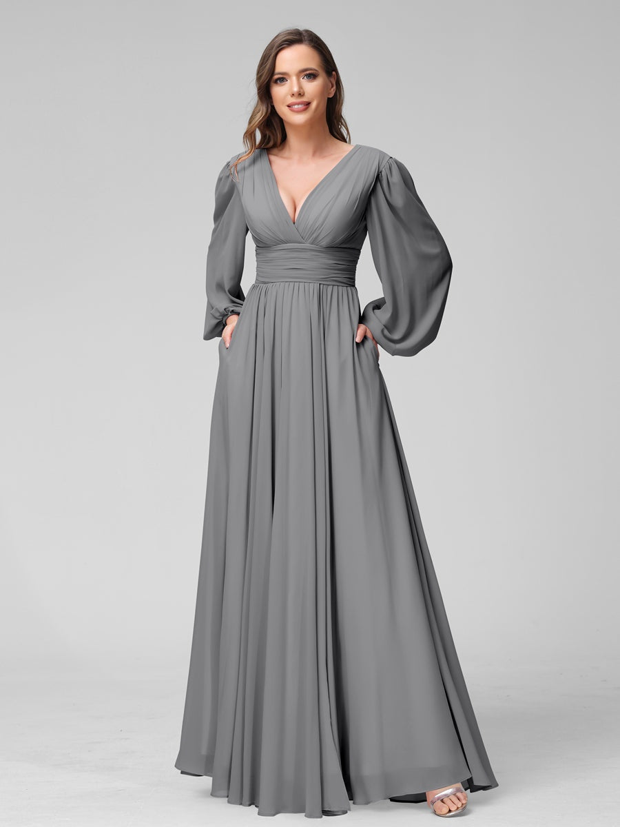 V-Neck A-Line Princess Floor-Length Bridesmaid Dresses With Side Split and Long Sleeves
