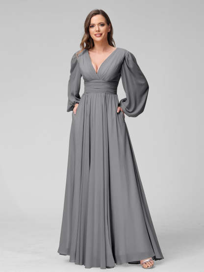 V-Neck A-Line Princess Floor-Length Bridesmaid Dresses With Side Split and Long Sleeves
