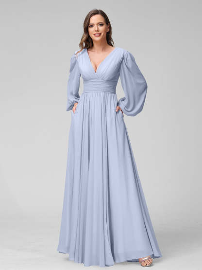 V-Neck A-Line Princess Floor-Length Bridesmaid Dresses With Side Split and Long Sleeves