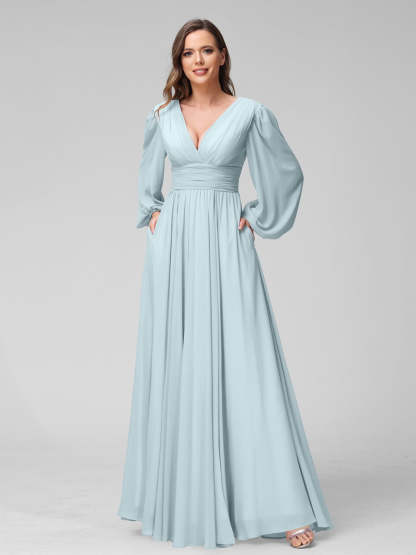 V-Neck A-Line Princess Floor-Length Bridesmaid Dresses With Side Split and Long Sleeves