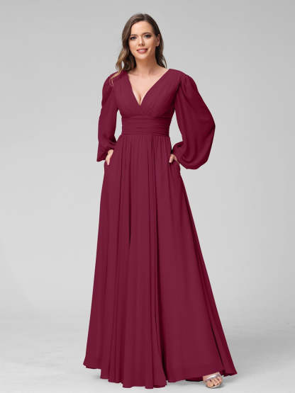V-Neck A-Line Princess Floor-Length Bridesmaid Dresses With Side Split and Long Sleeves