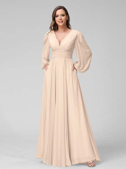 V-Neck A-Line Princess Floor-Length Bridesmaid Dresses With Side Split and Long Sleeves