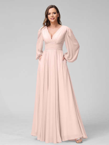 V-Neck A-Line Princess Floor-Length Bridesmaid Dresses With Side Split and Long Sleeves