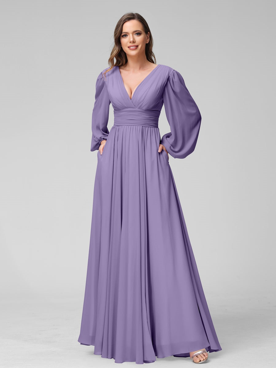 V-Neck A-Line Princess Floor-Length Bridesmaid Dresses With Side Split and Long Sleeves