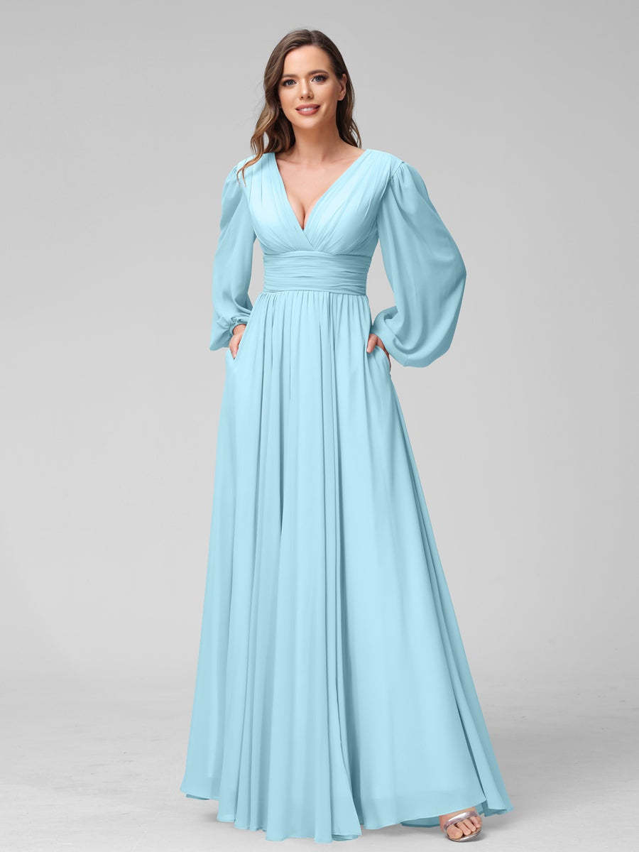 V-Neck A-Line Princess Floor-Length Bridesmaid Dresses With Side Split and Long Sleeves