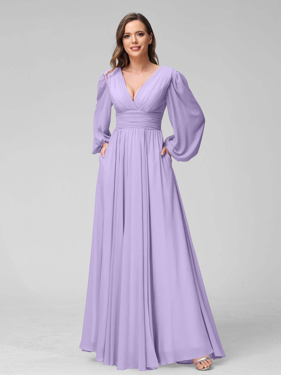 V-Neck A-Line Princess Floor-Length Bridesmaid Dresses With Side Split and Long Sleeves