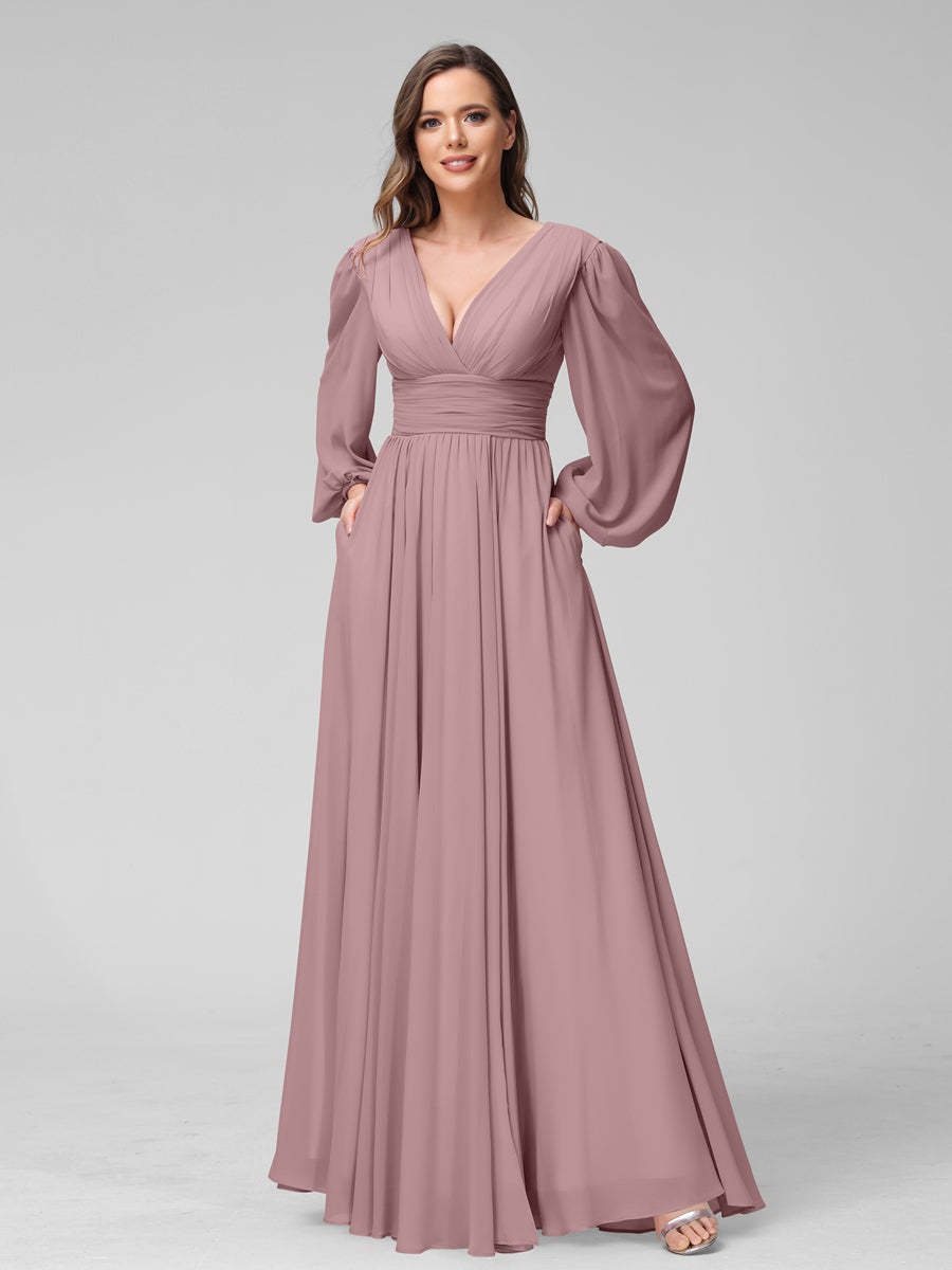V-Neck A-Line Princess Floor-Length Bridesmaid Dresses With Side Split and Long Sleeves