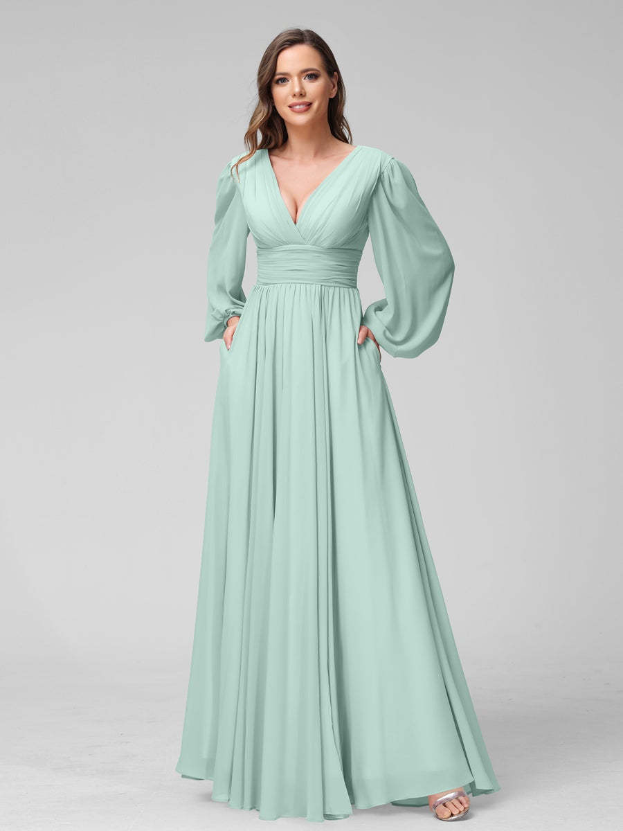 V-Neck A-Line Princess Floor-Length Bridesmaid Dresses With Side Split and Long Sleeves