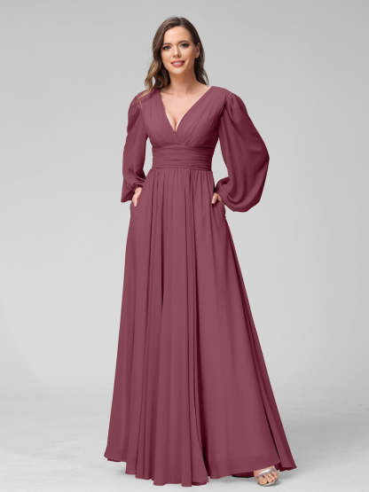 V-Neck A-Line Princess Floor-Length Bridesmaid Dresses With Side Split and Long Sleeves