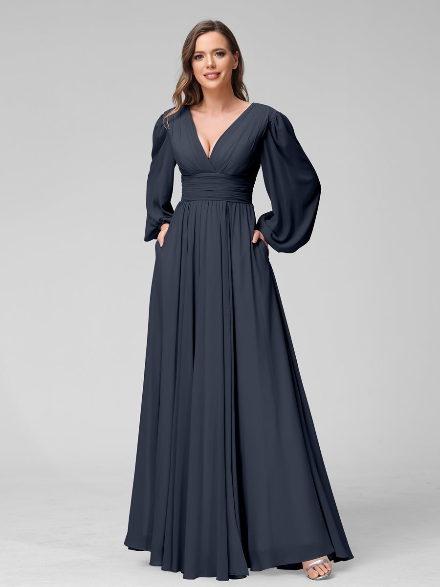 V-Neck A-Line Princess Floor-Length Bridesmaid Dresses With Side Split and Long Sleeves