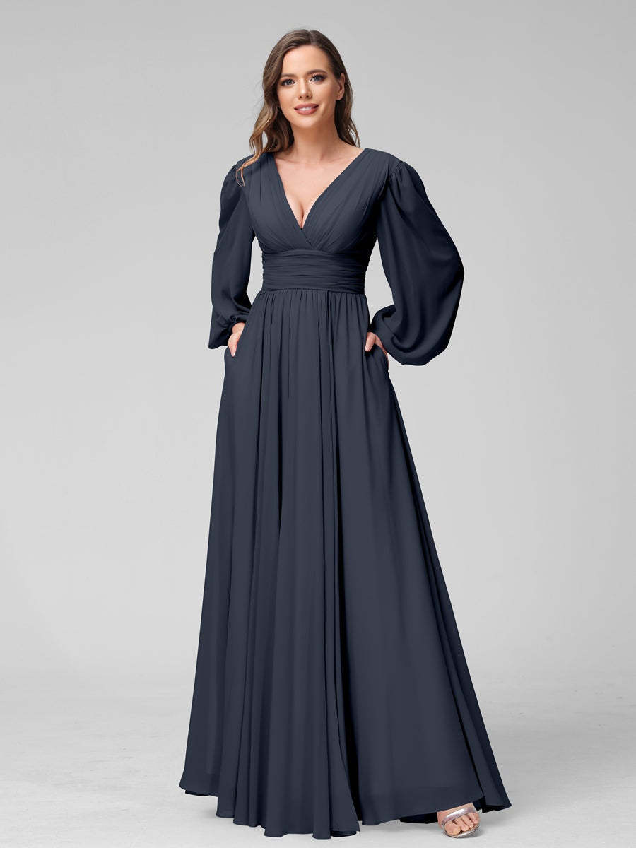 V-Neck A-Line Princess Floor-Length Bridesmaid Dresses With Side Split and Long Sleeves