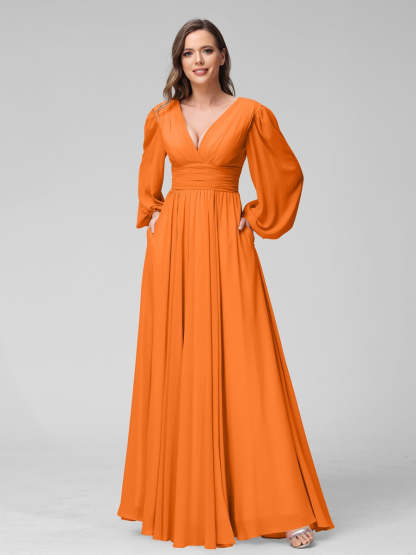 V-Neck A-Line Princess Floor-Length Bridesmaid Dresses With Side Split and Long Sleeves