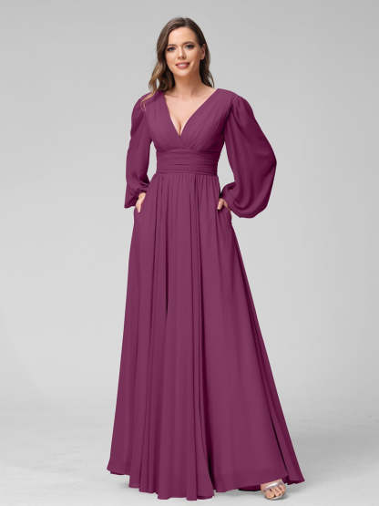 V-Neck A-Line Princess Floor-Length Bridesmaid Dresses With Side Split and Long Sleeves