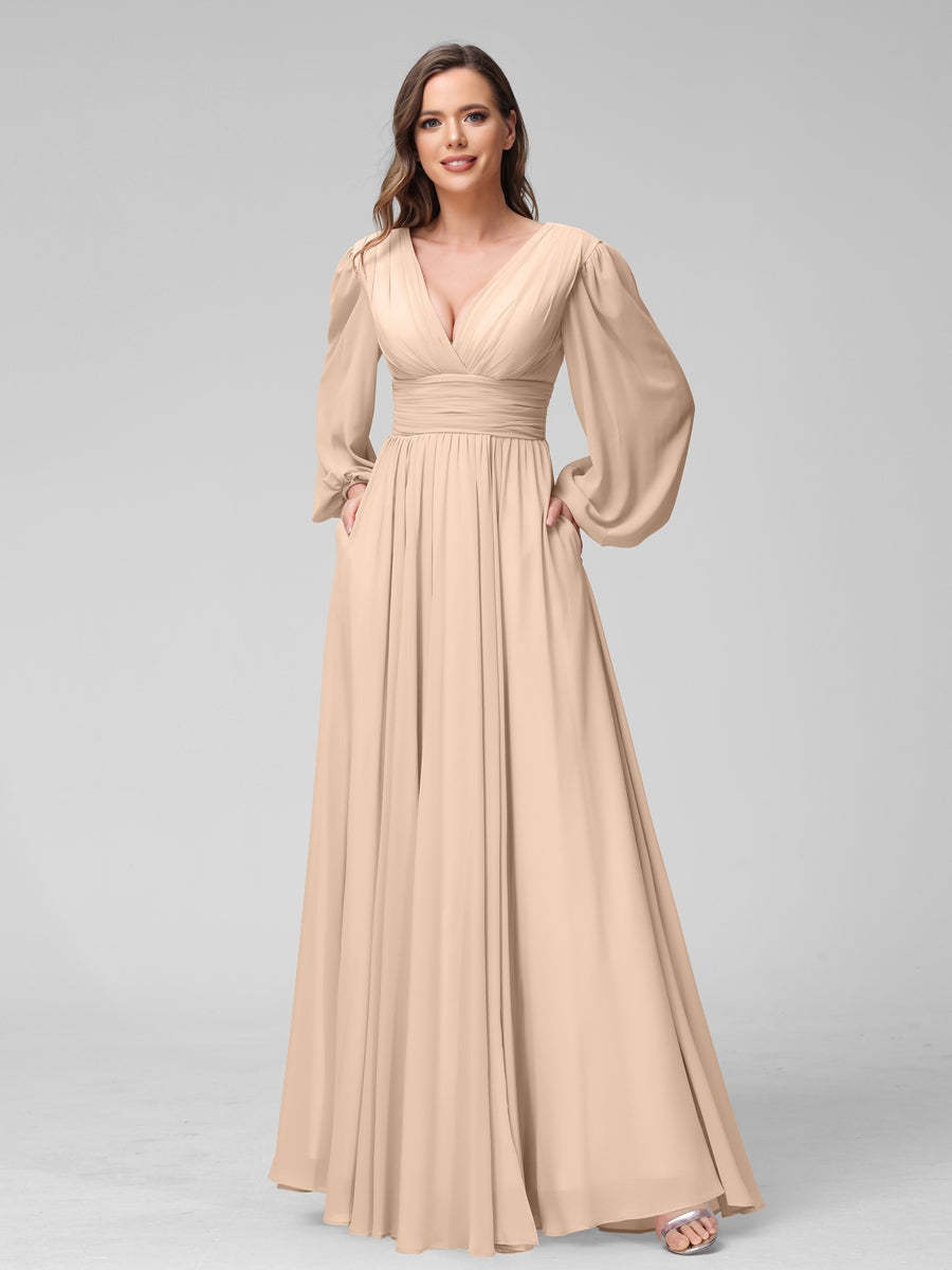 V-Neck A-Line Princess Floor-Length Bridesmaid Dresses With Side Split and Long Sleeves