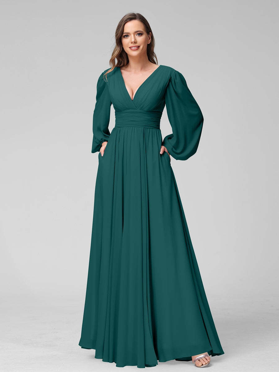 V-Neck A-Line Princess Floor-Length Bridesmaid Dresses With Side Split and Long Sleeves
