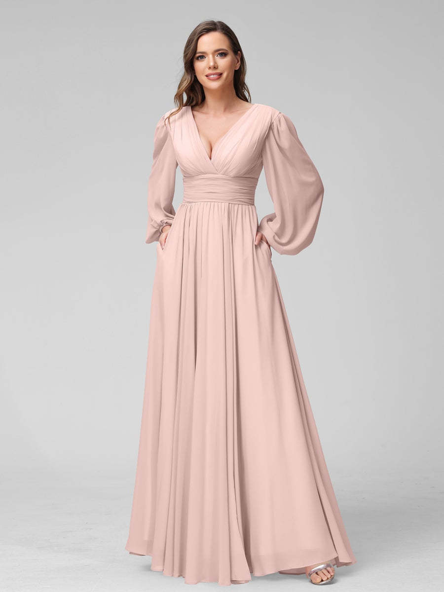 V-Neck A-Line Princess Floor-Length Bridesmaid Dresses With Side Split and Long Sleeves