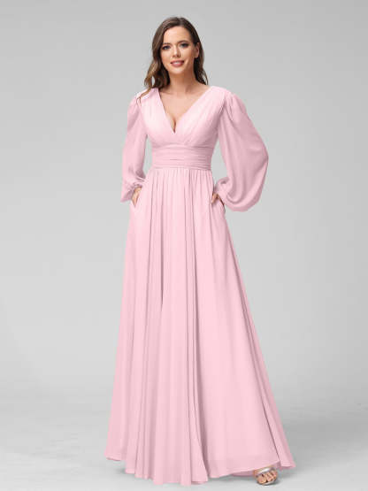 V-Neck A-Line Princess Floor-Length Bridesmaid Dresses With Side Split and Long Sleeves