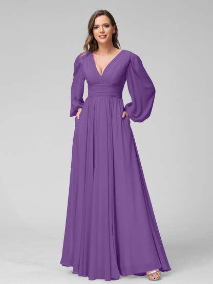 V-Neck A-Line Princess Floor-Length Bridesmaid Dresses With Side Split and Long Sleeves