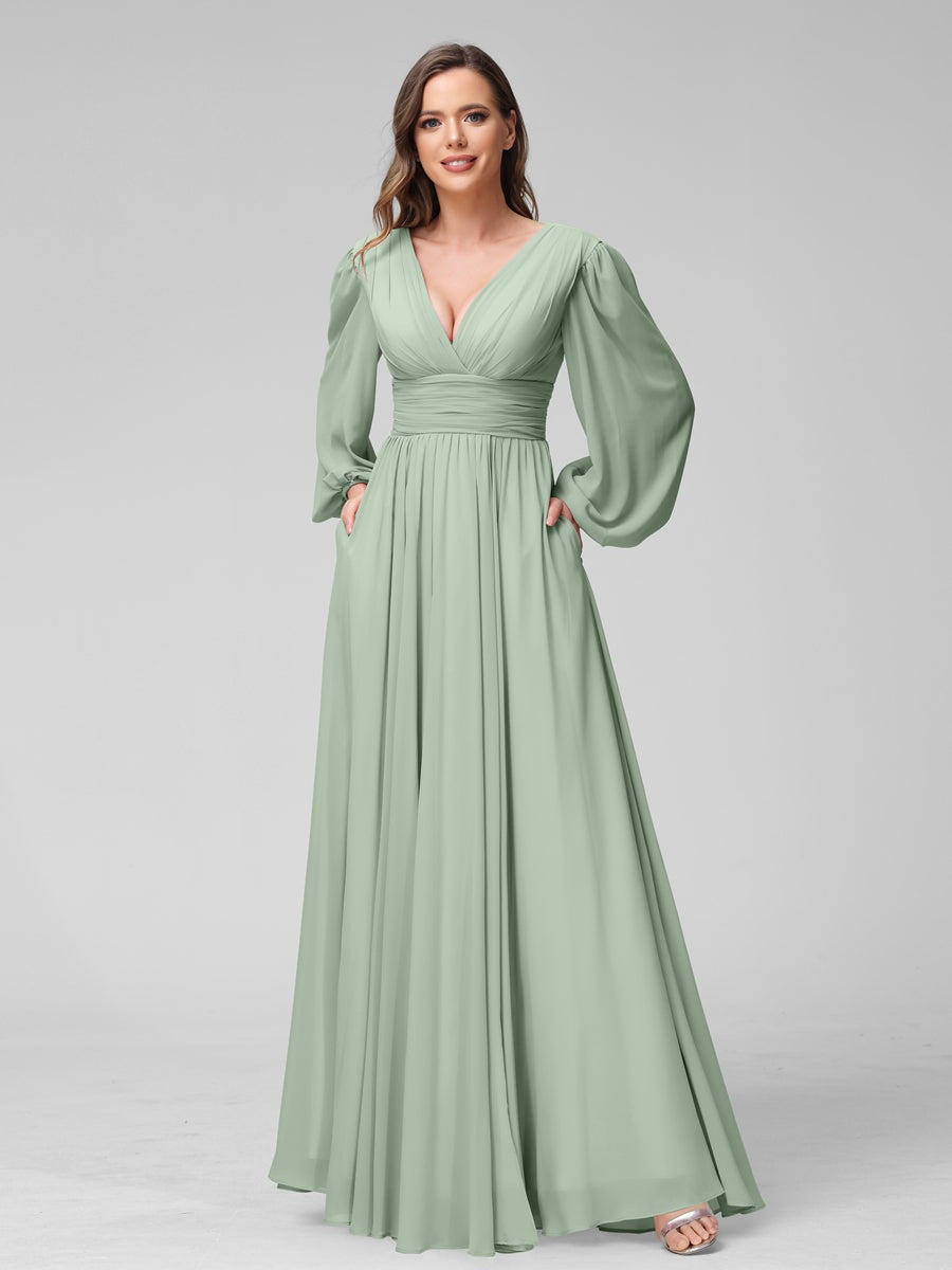 V-Neck A-Line Princess Floor-Length Bridesmaid Dresses With Side Split and Long Sleeves
