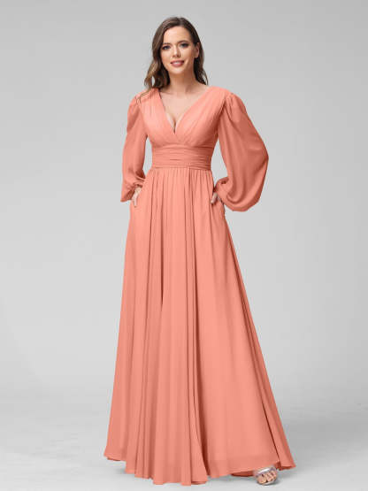 V-Neck A-Line Princess Floor-Length Bridesmaid Dresses With Side Split and Long Sleeves