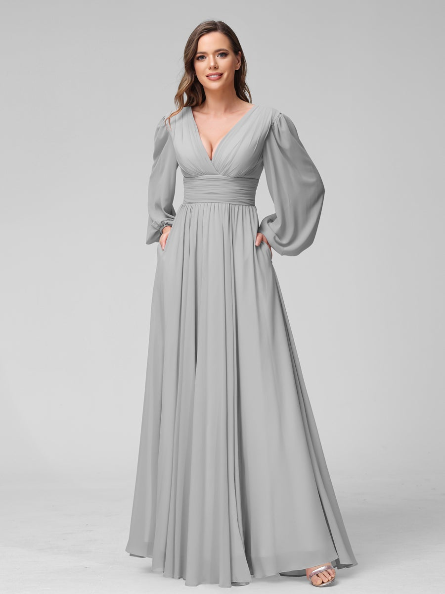 V-Neck A-Line Princess Floor-Length Bridesmaid Dresses With Side Split and Long Sleeves