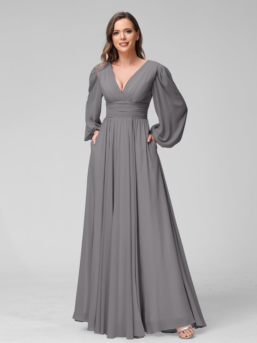 V-Neck A-Line Princess Floor-Length Bridesmaid Dresses With Side Split and Long Sleeves