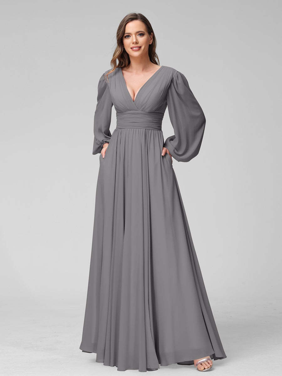 V-Neck A-Line Princess Floor-Length Bridesmaid Dresses With Side Split and Long Sleeves